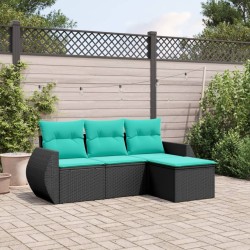 Salon de jardin 4 pcs avec coussins noir résine tressée 530024530024