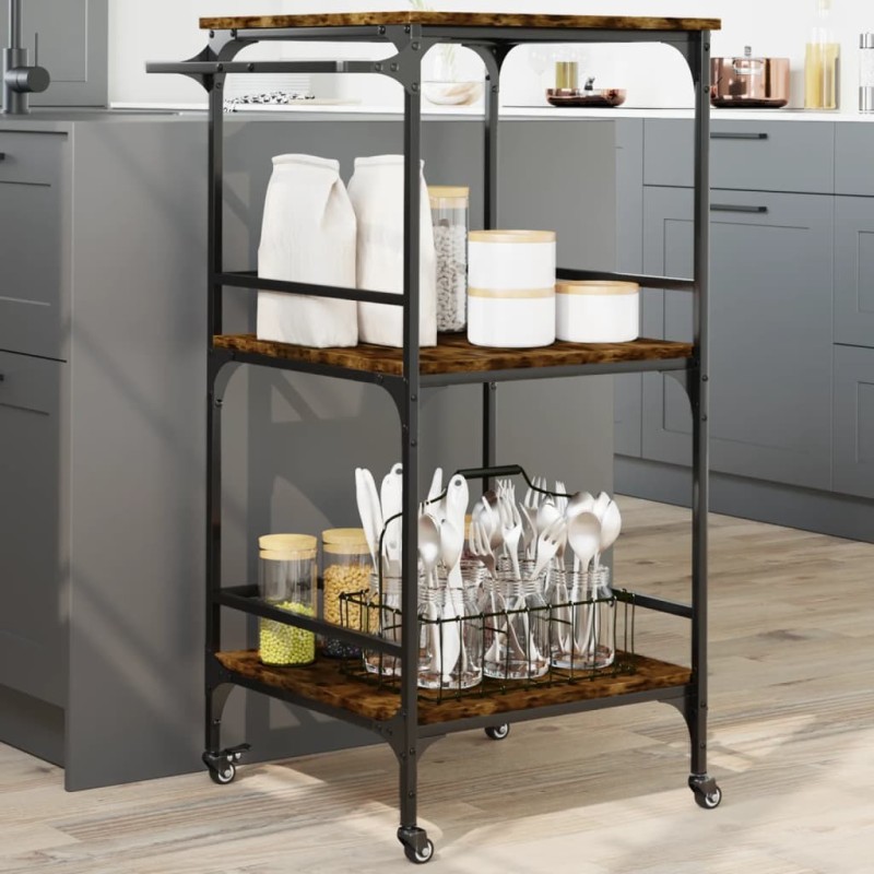 Chariot de cuisine chêne fumé 60,5x50x105 cm bois d'ingénierie 531769531769