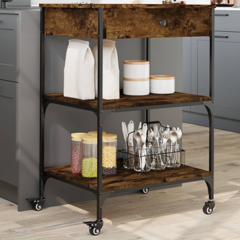 Chariot de cuisine chêne fumé 60x48x89,5 cm bois d'ingénierie 532090532090