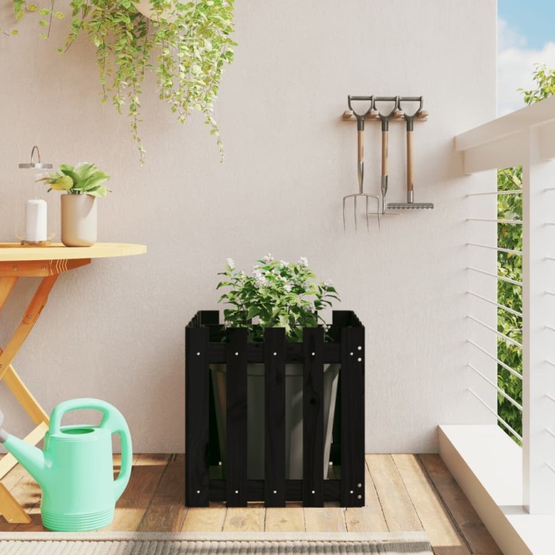 Jardinière avec design de clôture noir 50x50x50 cm pin massif 536056536056