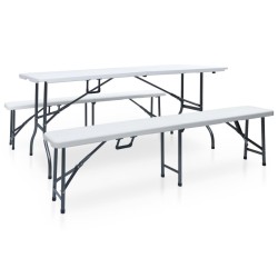 Table pliable de jardin avec 2 bancs 180 cm Acier et PEHD Blanc 537718537718