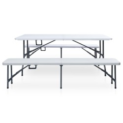 Table pliable de jardin avec 2 bancs 180 cm Acier et PEHD Blanc 537718537718