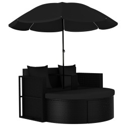 Lit de jardin avec parasol Résine tressée Noir 537879537879