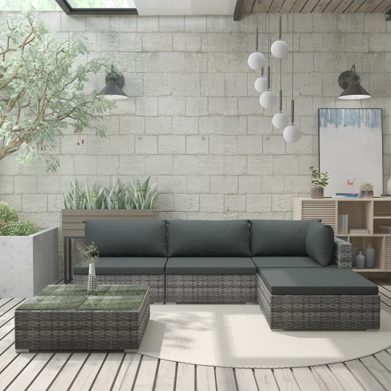 Salon de jardin 5 pcs avec coussins résine tressée gris 538472538472