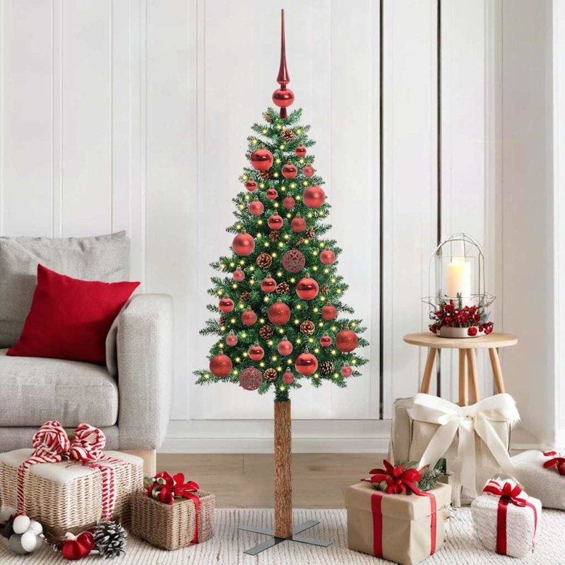 Sapin de Noël mince Vert 150 cm PVC et bois de pin massif 542555542555