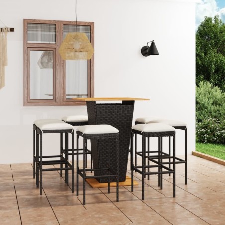 Ensemble de bar de jardin 9 pcs et coussins Résine tressée Noir 548435548435