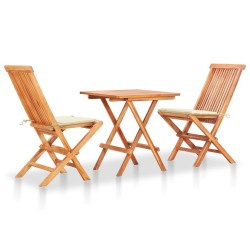 Ensemble de bistro 3pcs avec coussins crème Bois de teck massif 549094549094