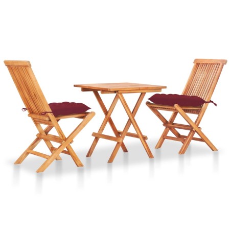 Ensemble de bistro 3 pcs avec coussins rouge bordeaux Teck 549134549134