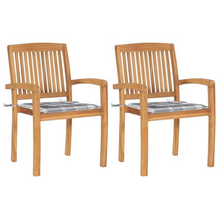 Chaises de jardin lot de 2 avec coussins à carreaux gris Teck 549173549173