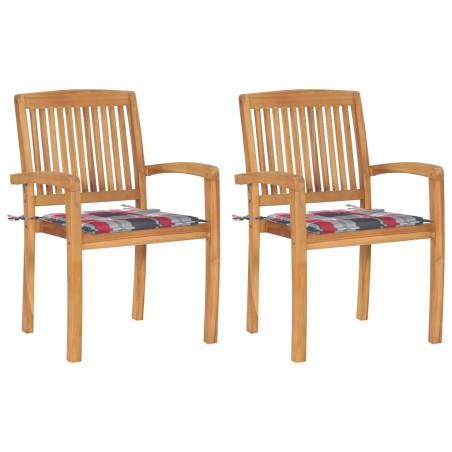 Chaises de jardin lot de 2 avec coussins à carreaux rouges Teck 549174549174