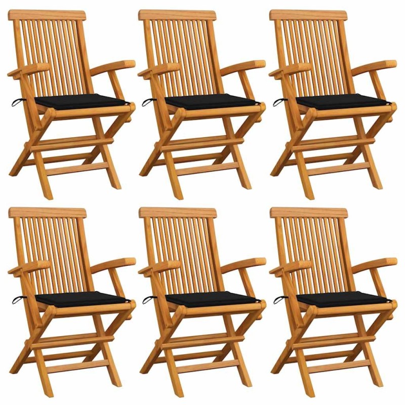 Chaises de jardin avec coussins noir lot de 6 Bois teck massif 550481550481