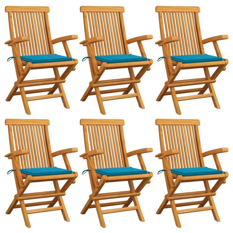 Chaises de jardin avec coussins bleu lot de 6 Bois teck massif 550482550482