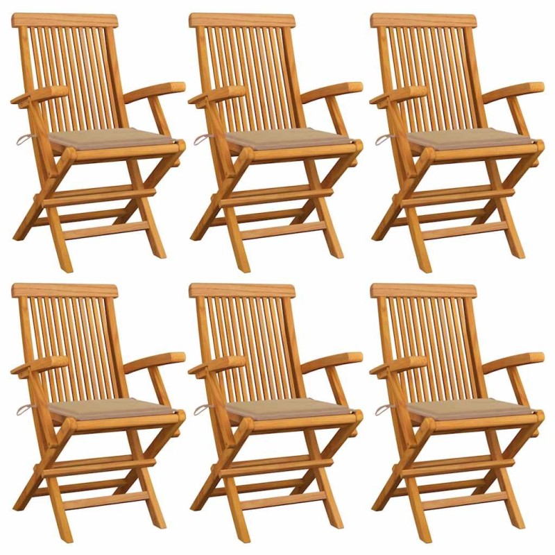 Chaises de jardin avec coussins beige lot de 6 Bois teck massif 550484550484