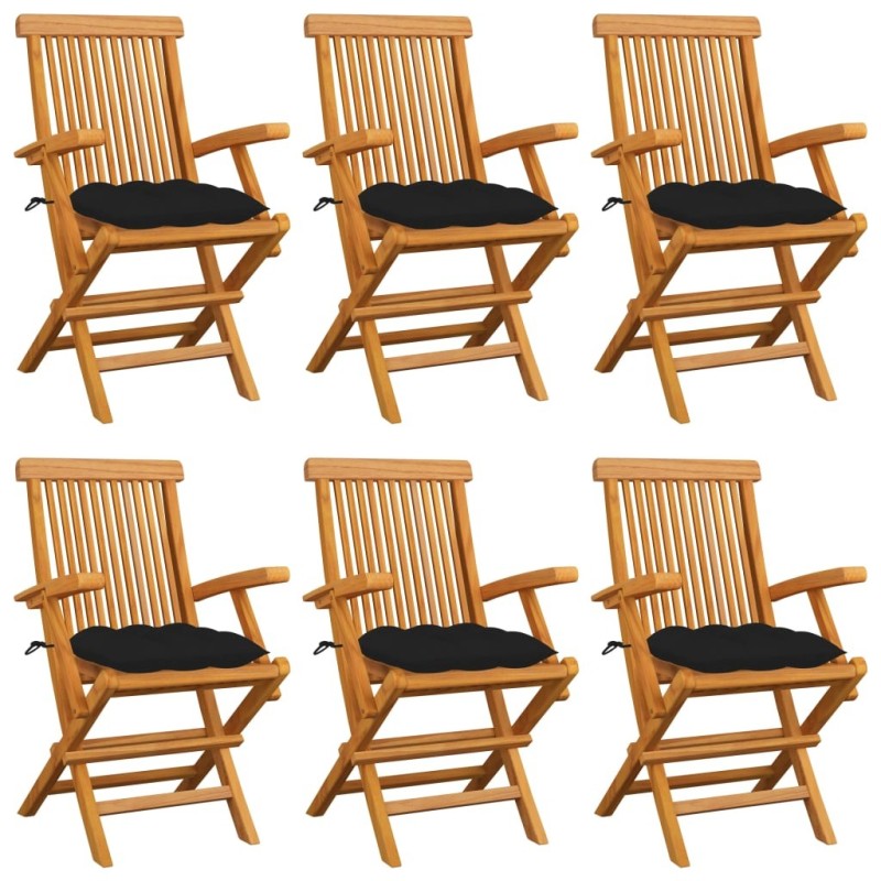 Chaises de jardin avec coussins noir lot de 6 Bois teck massif 550514550514