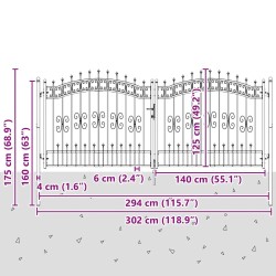 Portail de clôture Kampen avec pointe en acier noir 302 x 125 cm 550592550592