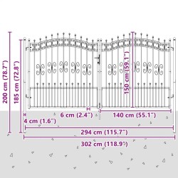 Portail de clôture Kampen avec pointe en acier noir 302 x 150 cm 550594550594