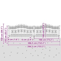 Portail de clôture Kampen avec pointe en acier noir 394,5 x 100 cm 550644550644