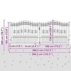 Portail de clôture Kampen avec tête pointue, noir, 394,5 x 150 cm, acier 550668550668