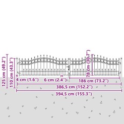 Portail de clôture Kampen avec pointe en forme de lance, noir, 394,5 x 78 cm, acier 550670550670