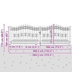 Portail de clôture Kampen avec pointe en forme de lance, noir, 394,5 x 125 cm, acier 550685550685