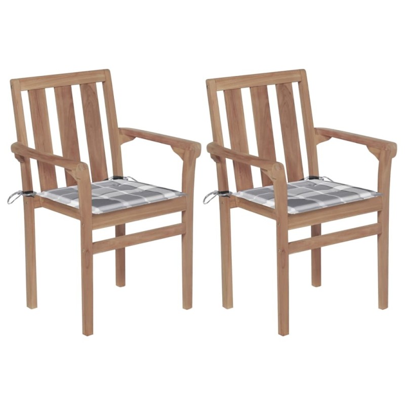 Chaises de jardin lot de 2 avec coussins à carreaux gris Teck 550843550843