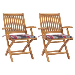 Chaises de jardin lot de 2 avec coussins à carreaux rouge Teck 550860550860