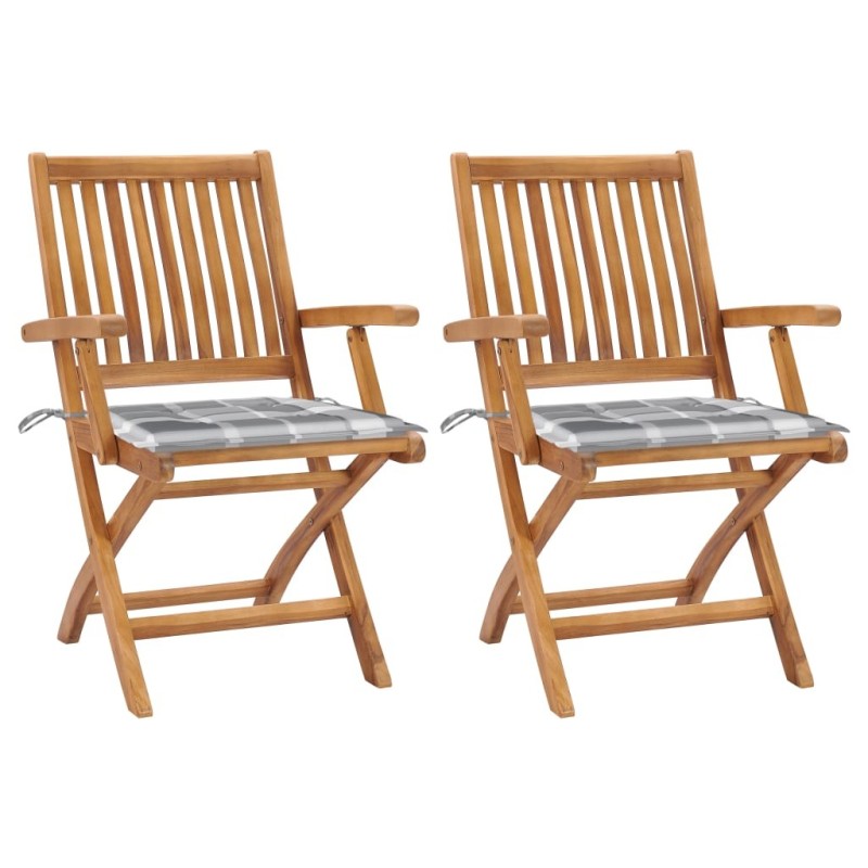 Chaises de jardin lot de 2 avec coussins à carreaux gris Teck 550951550951