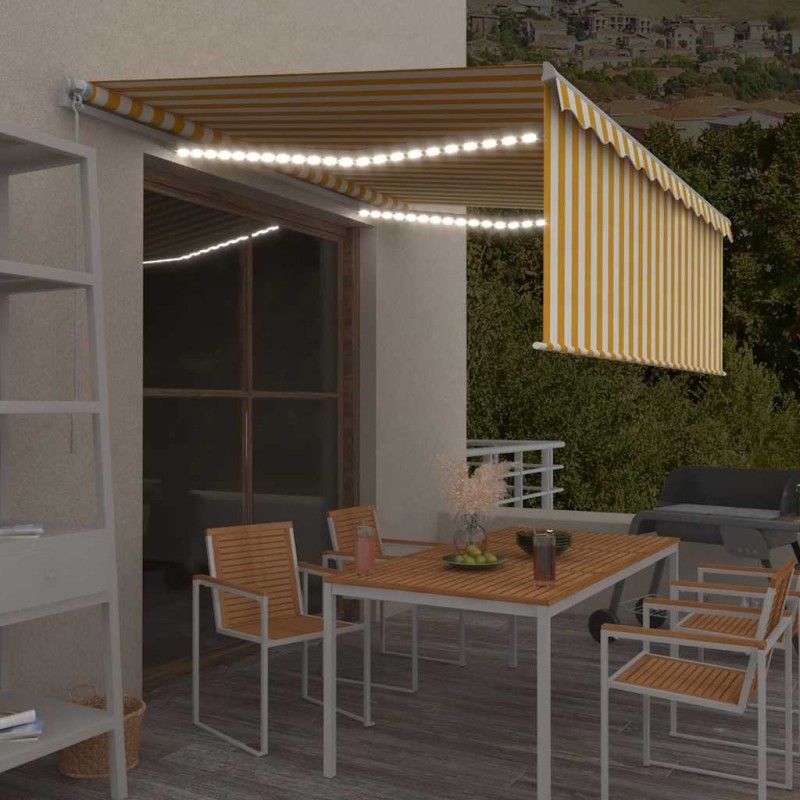 Auvent manuel rétractable avec store et LED 4x3m Jaune et blanc 551115551115