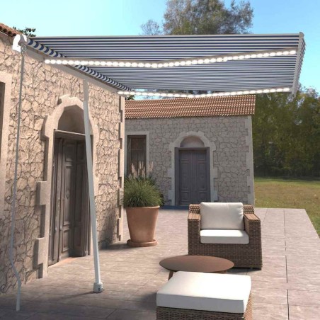 Auvent manuel rétractable avec LED 300x250 cm Bleu et blanc 551291551291