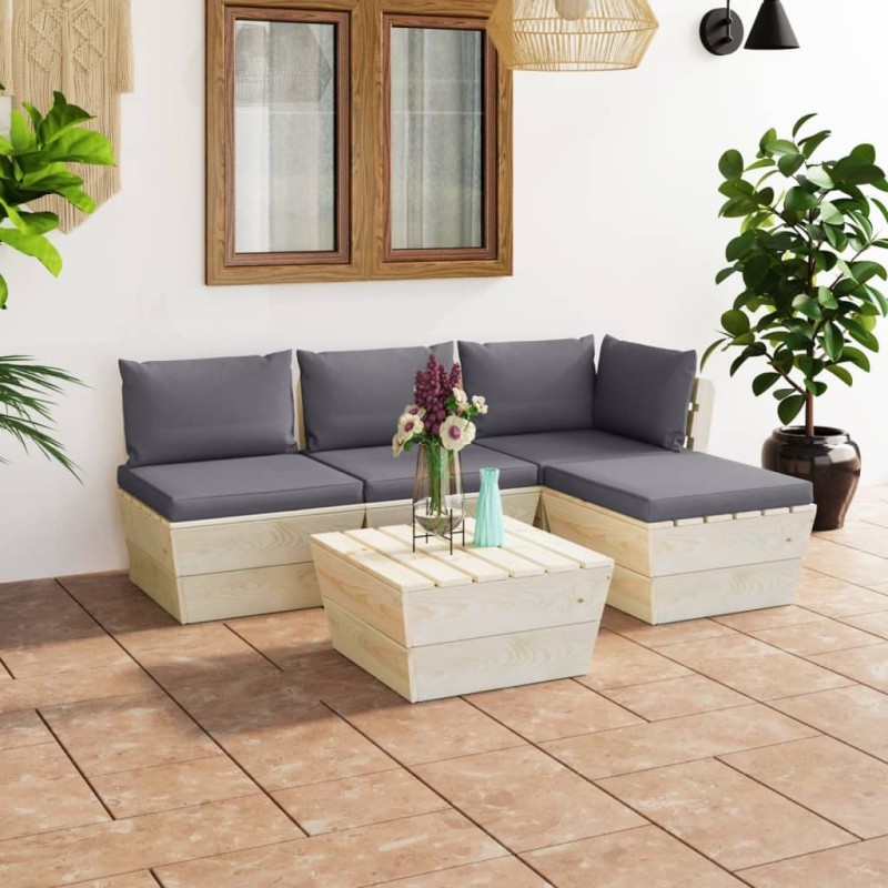 Salon de jardin palette 5 pcs avec coussins Épicéa imprégné 551354551354