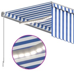 Auvent manuel rétractable avec store et LED 4x3 m Bleu et blanc 551363551363