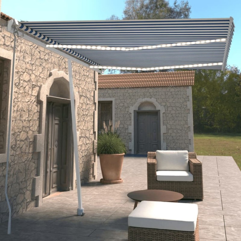 Auvent manuel rétractable avec LED 350x250 cm Bleu et blanc 551453551453