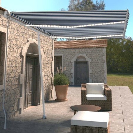 Auvent manuel rétractable avec LED 350x250 cm Bleu et blanc 551453551453