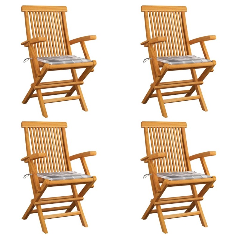 Chaises de jardin coussins à carreaux gris lot de 4 Teck massif 551516551516