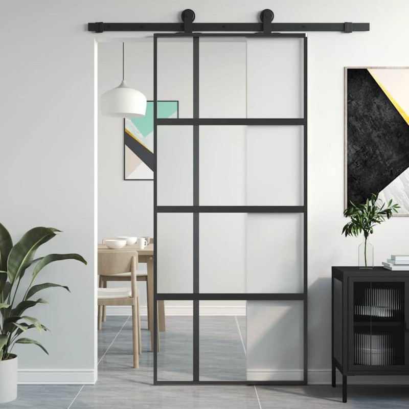 Porte coulissante noir 90x205 cm verre trempé aluminium 551718551718
