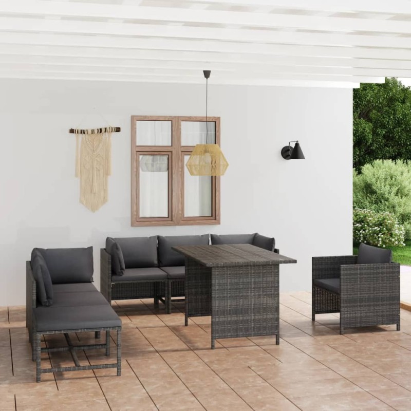Salon de jardin 8 pcs avec coussins Résine tressée Gris 553489553489