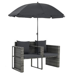 Canapé de jardin 2 places avec coussins et parasol Gris 553763553763