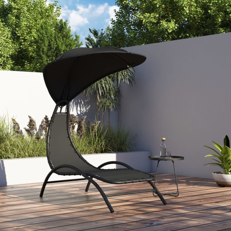 Chaise longue avec auvent noir 167x80x195 cm tissu et acier 555686555686