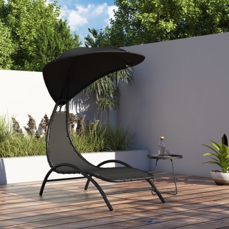Chaise longue avec auvent noir 167x80x195 cm tissu et acier 555686555686