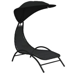Chaise longue avec auvent noir 167x80x195 cm tissu et acier 555686555686