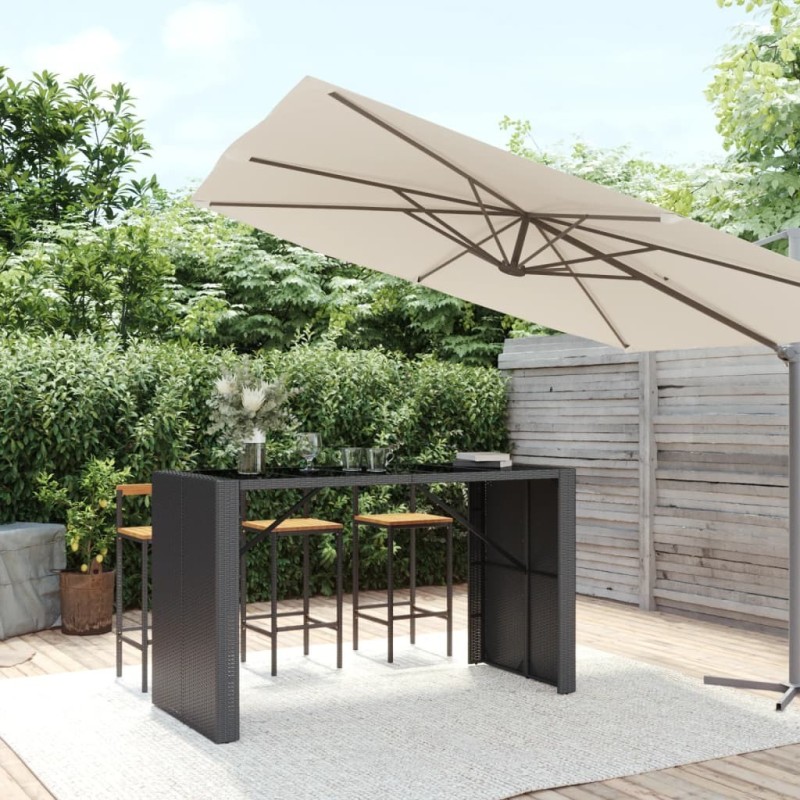 Table de bar et dessus en verre noir 185x80x110 cm poly rotin 555836555836
