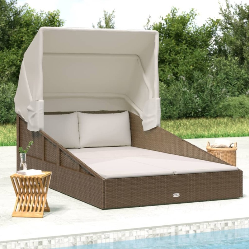 Transat avec toit pliable marron 200x114x128 cm résine tressée 556354556354