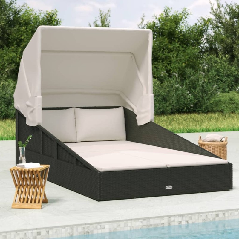 Transat avec toit pliable noir 200x114x128 cm résine tressée 556355556355
