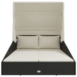 Transat avec toit pliable noir 200x114x128 cm résine tressée 556355556355