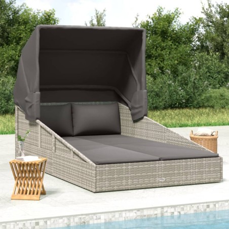 Transat avec toit pliable gris 200x114x128 cm résine tressée 556357556357