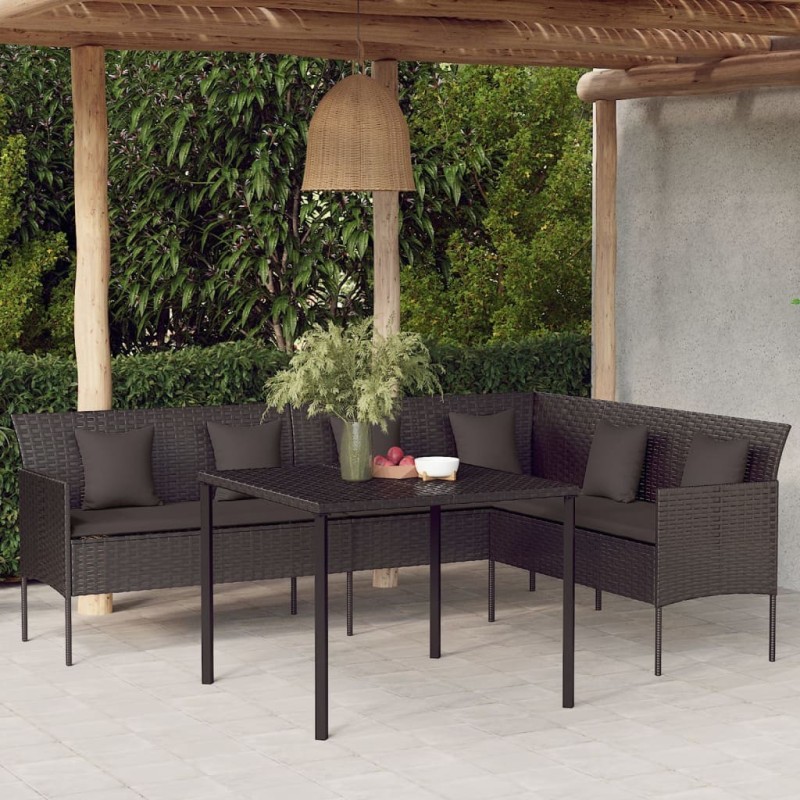 Canapé de jardin en forme de L et coussins noir résine tressée 556386556386
