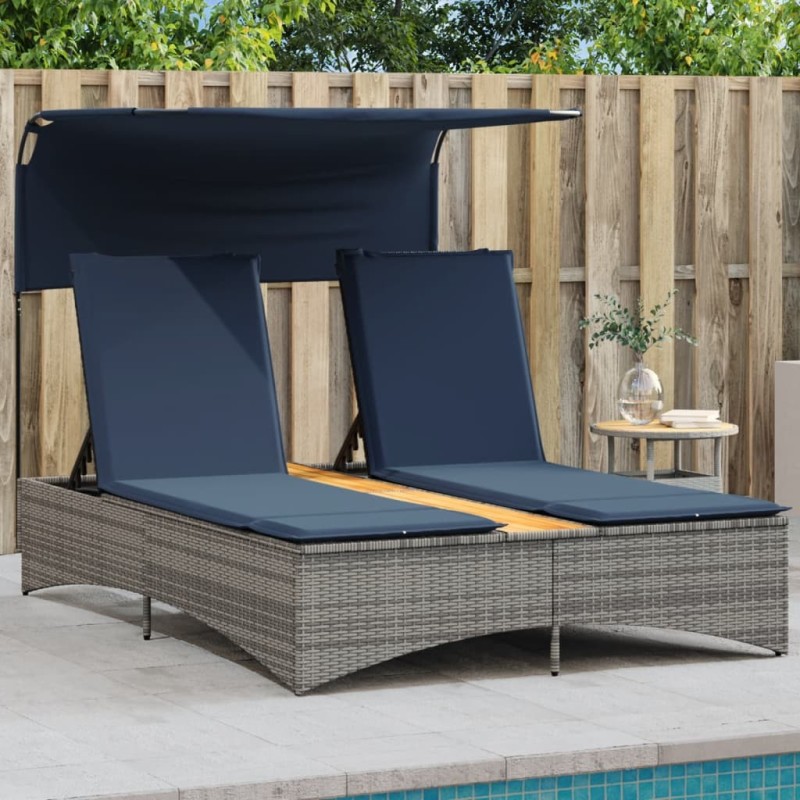Chaise longue double avec auvent et coussins en polyrotin gris 556622556622