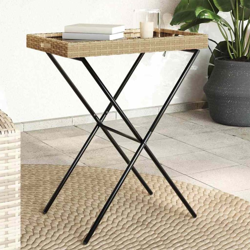 Table à plateau pliable beige 65x40x75 cm résine tressée 557327557327