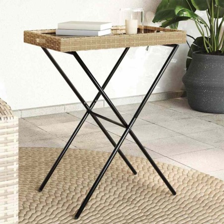 Table à plateau pliable beige 65x40x75 cm résine tressée 557327557327