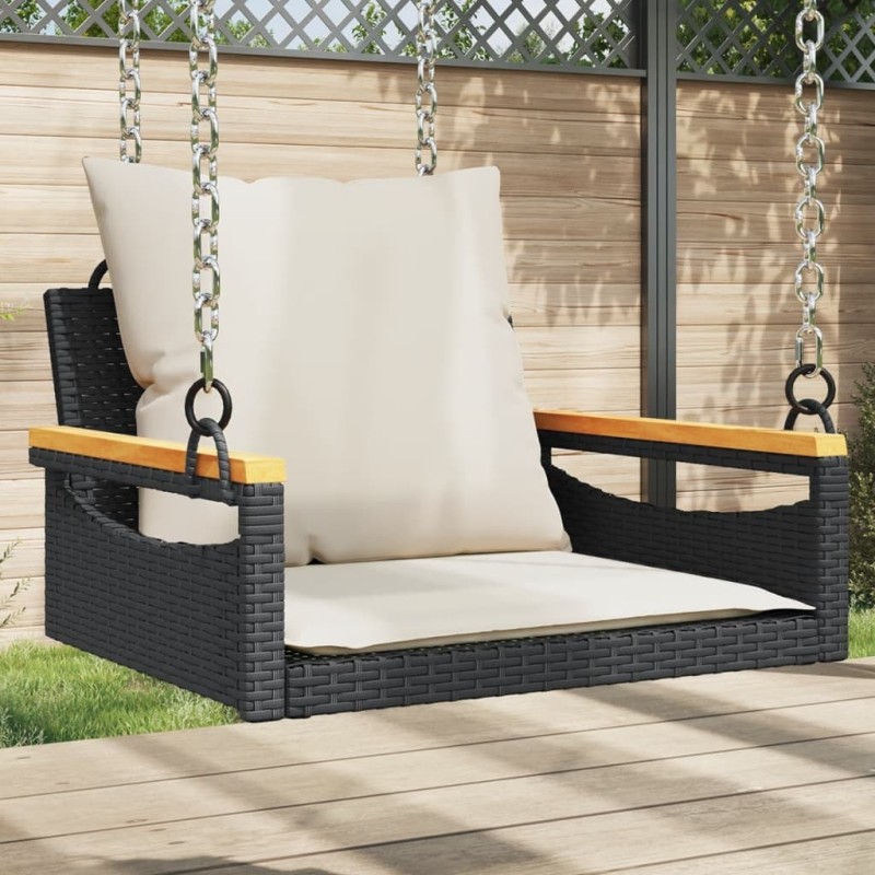 Balancelle avec coussins noir 63x62x40 cm résine tressée 557378557378